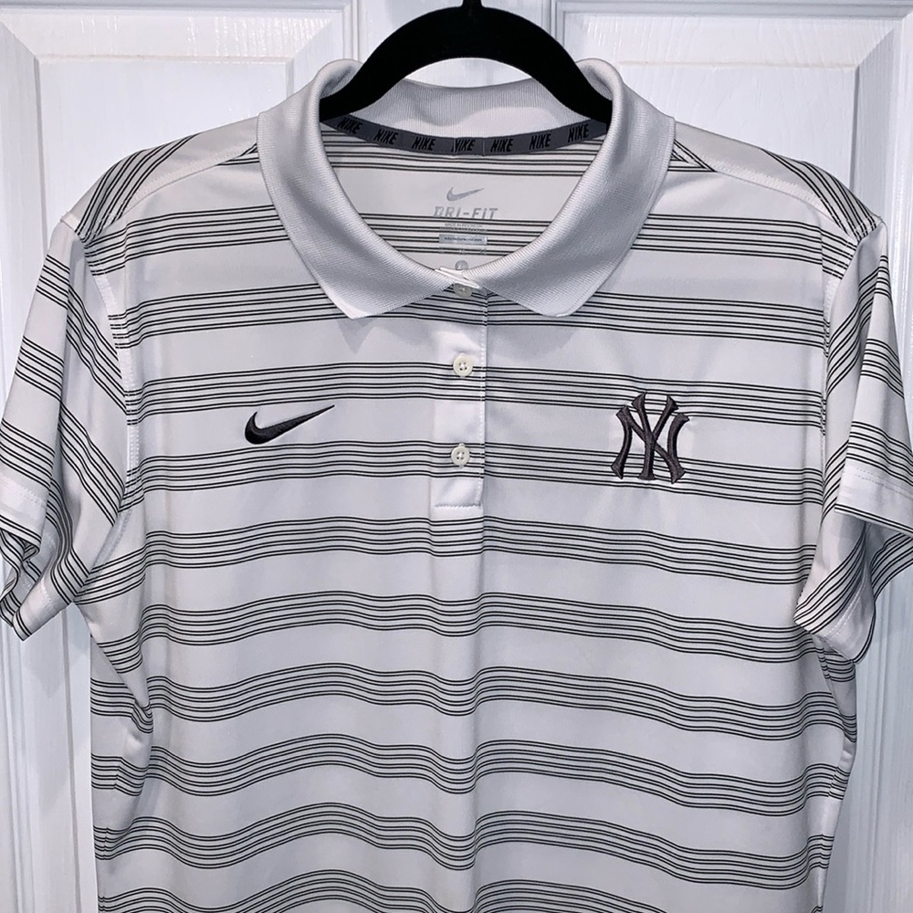 Nike White and Black Striped Dri-FIT Polo with NY Logo